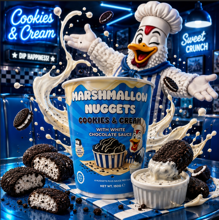 Marshmallows Nuggets Cookies & Cream mit weißer Schokoladensoße