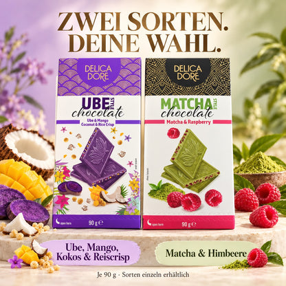 DELICA DORE Schokolade – Matcha & Himbeere oder Ube, Mango & Kokos mit Reiscrisp – 90 g