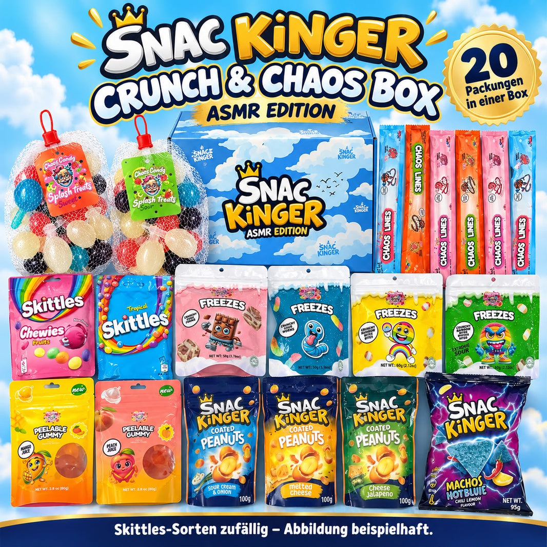 SNAC KINGER Crunch & Chaos Box – ASMR Edition mit 20 Snack- und Süßigkeiten-Packungen