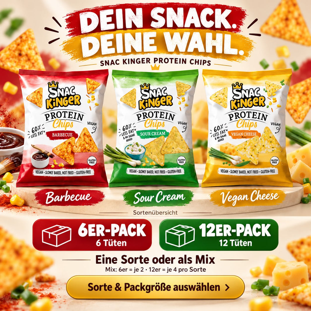 SNAC KINGER Protein Chips – Barbecue, Sour Cream oder Vegan Cheese