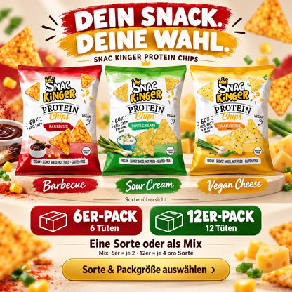 SNAC KINGER Protein Chips – Barbecue, Sour Cream oder Vegan Cheese