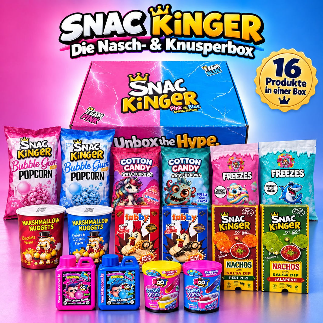 SNAC KINGER Nasch- & Knusperbox – 16 Produkte mit Popcorn, Süßigkeiten & Nachos